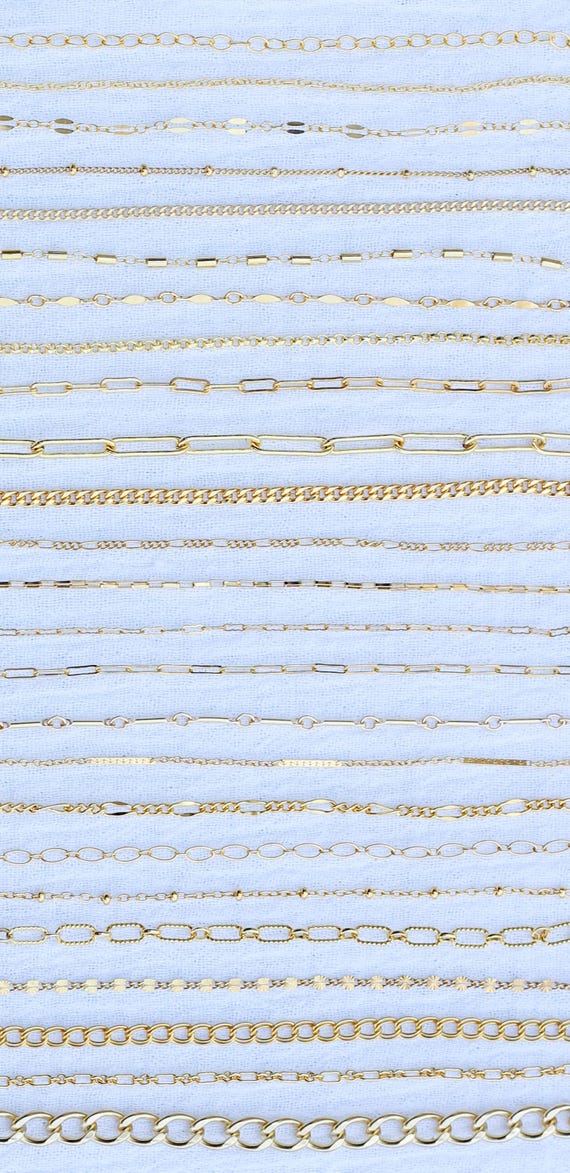 14k gold filled footage chain, wholesale bulk chain for permanent jewelry supplies, paperclip chain, dapped bar chain, satellite chain