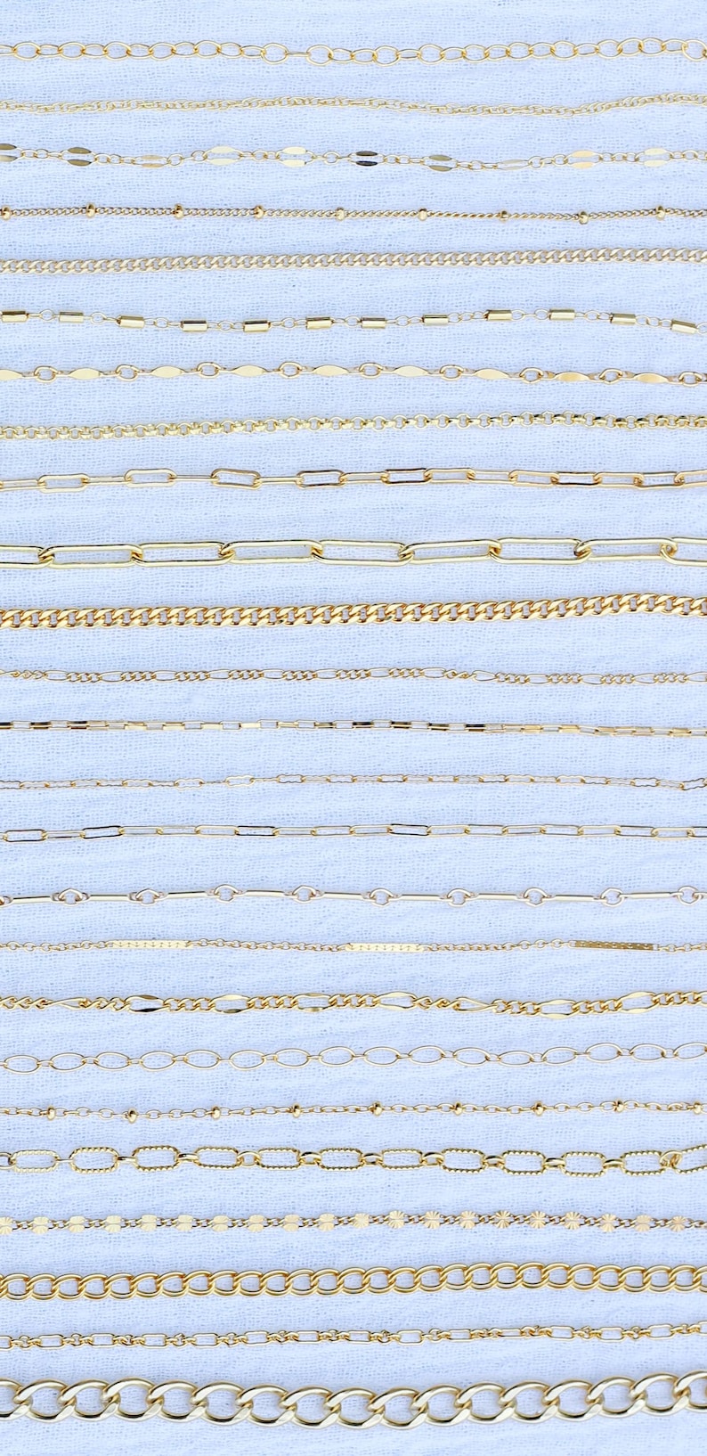 14k gold filled footage chain, wholesale bulk chain for permanent jewelry supplies, paperclip chain, dapped bar chain, satellite chain image 1