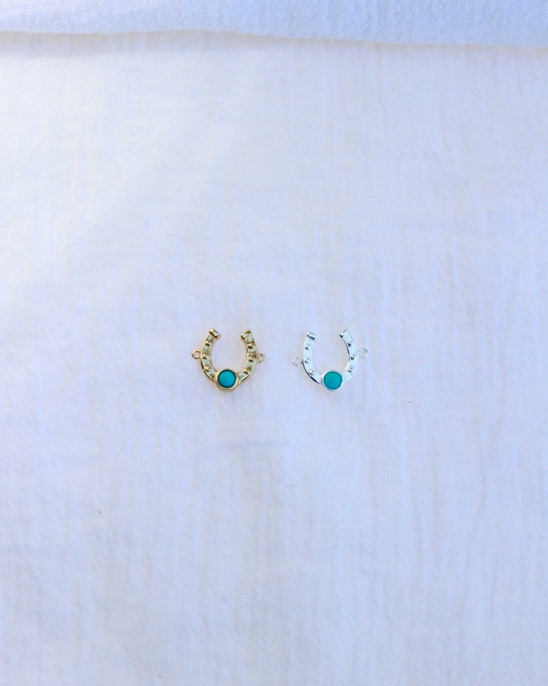 Horseshoe genuine turquoise connector charm, sterling silver, gold plated, CN157 image 2