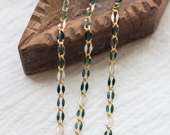 Green multi color chain, multi color chain, permanent jewelry bulk enamel chain, green chain, white, emerald green enamel chain, GP103