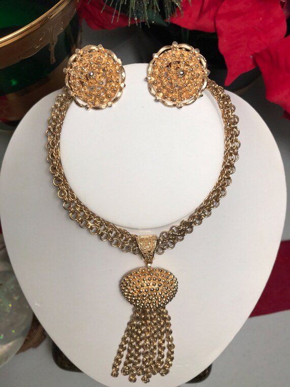 CoroCraft Gold Tassel Necklace & Clip Earrings