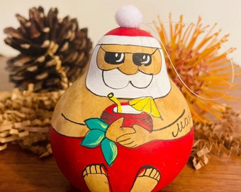 Made in MAUI•Personalized Hand painted Santa gourd Ornament•Christmas ornament•Hawaiian SANTA•Rustic Christmas ornament•