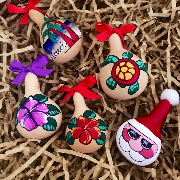 Made in MAUI•Hand painted miniature Christmas gourd ornament• Personalized mini Ornament from Hawaii •Rustic Christmas Ornament•Gift idea