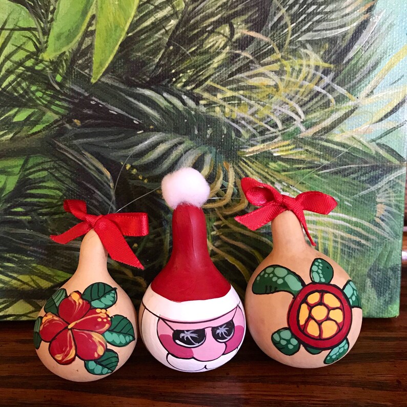 Set of 3 miniature Hand painted Gourd Christmas ornamentsHawaiian Christmas ornamentsPersonalized ornamentsRustic ornamentsHoliday Gift image 2