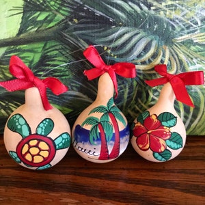 Set of 3 miniature Hand painted Gourd Christmas ornamentsHawaiian Christmas ornamentsPersonalized ornamentsRustic ornamentsHoliday Gift image 1