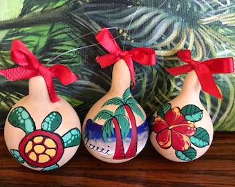 Set of 3 miniature Hand painted Gourd Christmas ornaments•Hawaiian Christmas ornaments•Personalized ornaments•Rustic ornaments•Holiday Gift