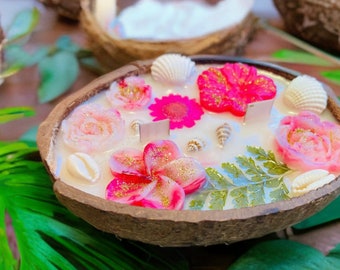 Vela de cáscara de coco tropical: cera hawaiana de coco y albaricoque, mecha de madera