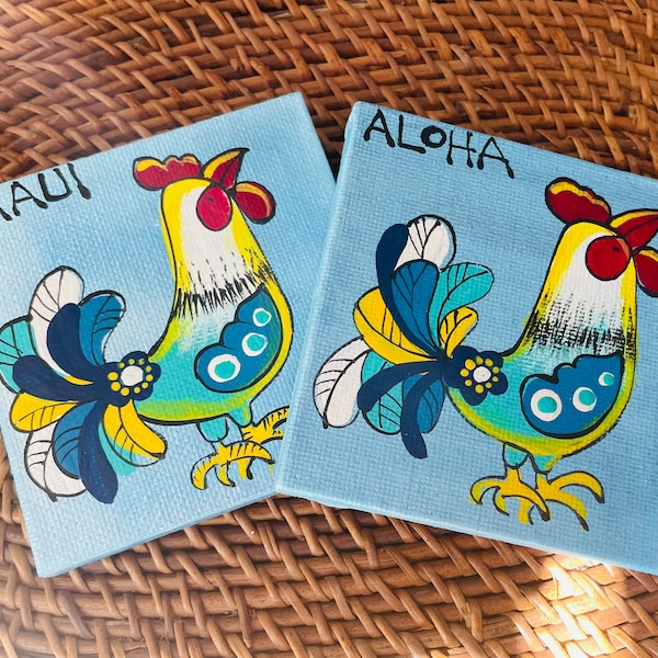 Hand Painted Rooster Mini Canvas Magnet•Made in MAUI•Personalized Magnet•Best friend Gift•Fridge Magnet•Gift Idea•Refrigerator magnets