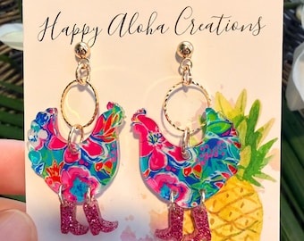 Handmade Acrylic Chicken Earrings: Glitter Boots Dangle, Fun Jewelry