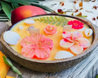 Vela Maui Mango con aroma a cáscara de coco: Vela aromática tropical con mecha de madera.