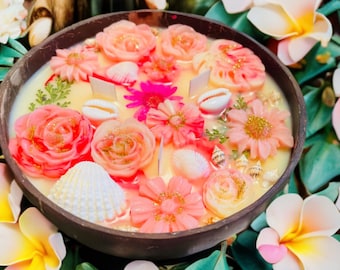 SUNRISE PLUMERIA Coconut bowl Candle: Handmade  Floral Decor, Natural Coconut wax,  Wood wick, Dried flowers, Made in Maui