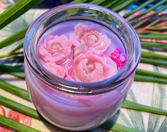 Vela en frasco de vidrio HAWAIIAN ROSE: Mecha de madera, cera de coco natural, vertida a mano en MAUI