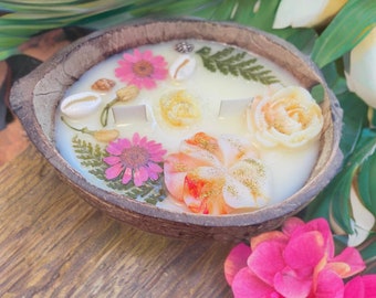 Gardenia Coconut Shell Candle: Tropical Hawaiian Decor, Wood Wick