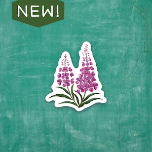 May include: A sticker featuring a watercolor illustration of two pink flower clusters with green leaves on a teal background. The sticker has a white border and the word "NEW!" is printed in white on a green hexagon.