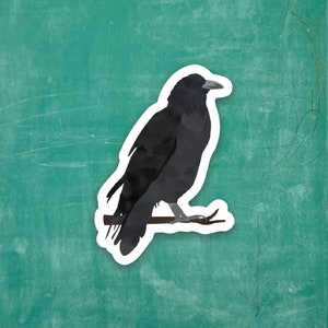 May include: A sticker featuring a black crow perched on a brown branch. The crow is depicted in a watercolor style with a white border, set against a textured teal-green background.