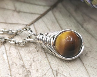 Tigers Eye Pendant Necklace, Yellow and Orange Teardrop Gemstone Necklace, Wire Wrapped Jewellery, Birthday Gift For Her