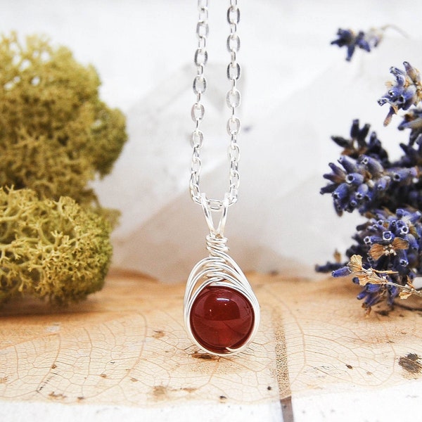 Carnelian Pendant Necklace, July Birthstone Jewellery, Red Teardrop Gemstone Necklace, Wire Wrapped Design, Birthday Gift For Her