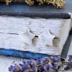 Pearlescent Shell Star Stud Earrings: Hypoallergenic Sterling Silver or Stainless Steel Jewellery, Beach Jewellery
