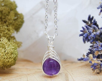 Amethyst Pendant Necklace, Wire Wrapped Jewellery, February Birthstone Necklace, Dark Purple Teardrop Gemstone Necklace, Birthday Gift