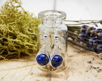 Lapis Lazuli Dangle Earrings, Blue Gemstone Earrings, Wire Wrapped Earrings, Tear Drop Style Earrings, September Birthstone Jewellery, Gift