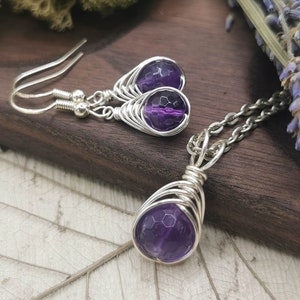 Amethyst Earrings and Necklace, Dark Purple and Silver Birthstone Gemstone Jewellery, Pendant Necklace, Wire Wrapped Jewellery, Gift for Her
