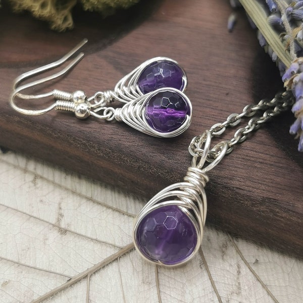 Amethyst Earrings and Necklace, Dark Purple and Silver Birthstone Gemstone Jewellery, Pendant Necklace, Wire Wrapped Jewellery, Gift for Her