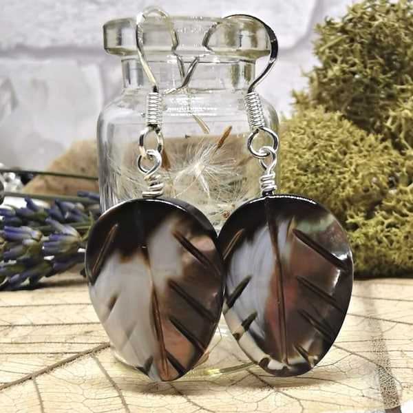 Leaf Shaped Earrings, Mother of Pearl Shell Jewellery, Gift for Nature Lover, Sterling Silver Dangle Earrings, Mermaidcore, Gift for Her