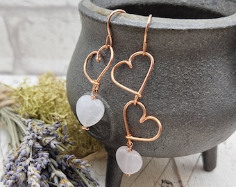 Rose Quartz and Wire Heart Earrings, Copper Wire Hearts, Copper Jewellery, Dangle Earrings, Wire Wrapped Jewellery, Valentines Gift.