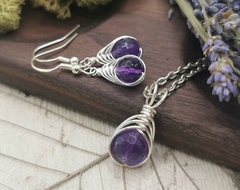 Amethyst Earrings and Necklace, Dark Purple and Silver Gemstone Pendant Necklace and Matching Earrings, Birthstone Jewellery, Birthday Gift