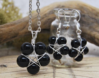 Obsidian Pendant Necklace and Matching Dangle Earrings, Black Star Flower, Obsidian Jewellery for Women, Silver Wire Wrapped Jewellery