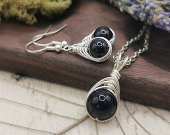 Obsidian Earrings and Matching Necklace Set, Black and Silver Gemstone Jewellery, Wire Wrapped Jewellery, Dangle Earrings Pendant Necklace