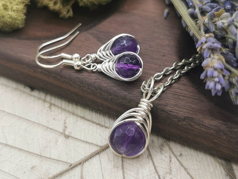 Amethyst Earrings and Necklace, Dark Purple and Silver Birthstone Gemstone Jewellery, Pendant Necklace, Wire Wrapped Jewellery, Gift for Her image 1
