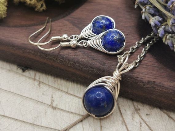 Lapis Lazuli Earrings and Necklace, Dark Blue Gemstone Jewellery 