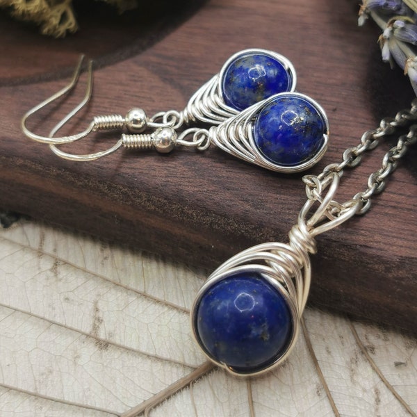 Lapis Lazuli Earrings and Necklace, Dark Blue Gemstone Jewellery Set, September Birthstone Jewellery, Blue Wire Wrapped Jewellery Set, Gift