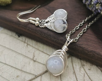 Moonstone Earrings and Necklace Set, Silver Gemstone Wire Wrapped Jewellery, June Birthstone