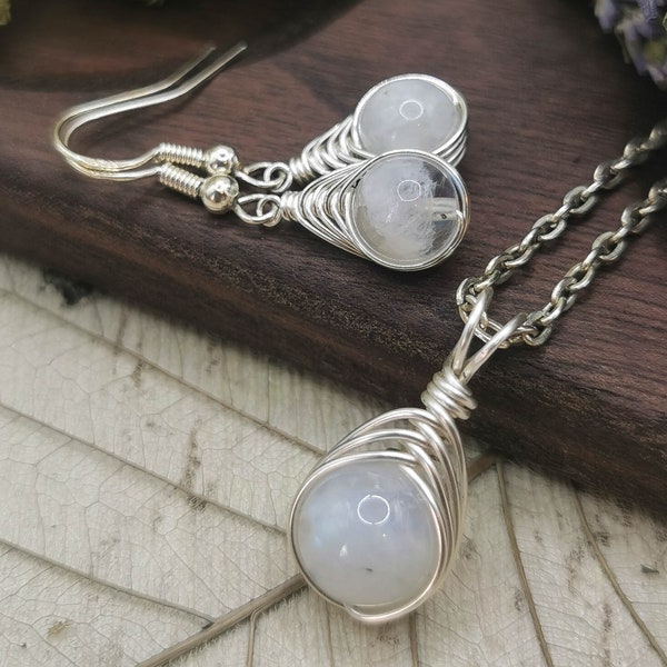 Moonstone Earrings and Necklace, Gemstone Jewellery Set, Birthstone Pendant and Matching Earrings, June Birthstone Gift, Gift for Her