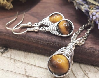 Tigers Eye Earrings and Matching Necklace, Gemstone Jewellery Set, Wire Wrapped Jewellery, Pendant Necklace and Dangle Earrings, Gift Idea