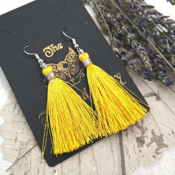 Yellow Thread Dangle Earrings, Recycled Fashion, Cotton and Silk Tassel Earrings, Eco Jewellery, Fringe Earrings, Gift For Her