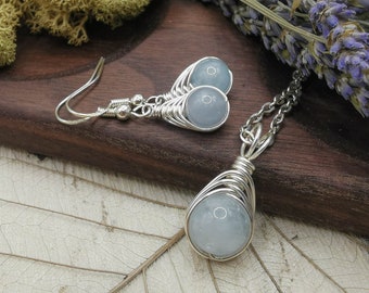 Aquamarine Jewellery Set, Gemstone Wire Wrapped Pendant, March Birthstone