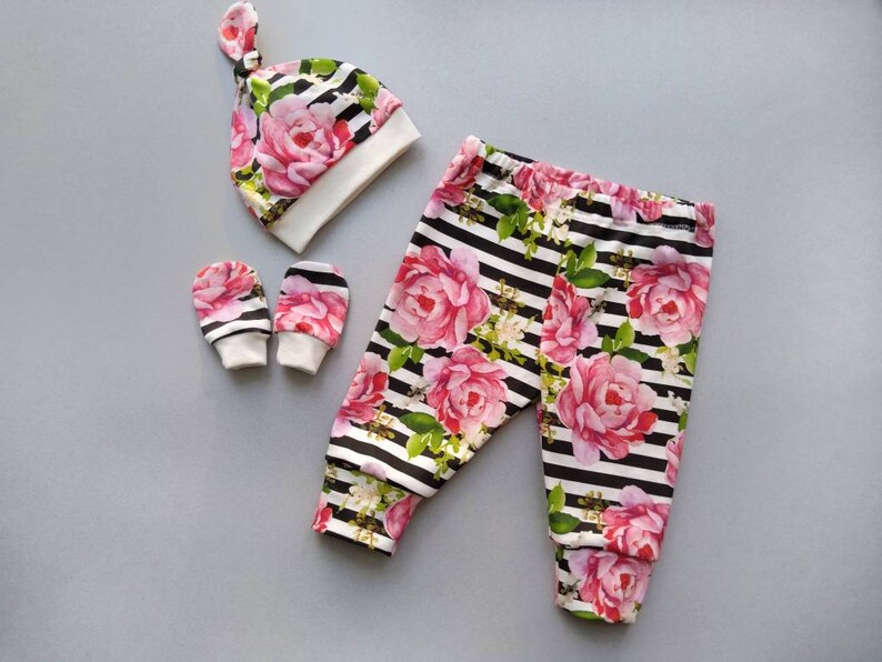 Summer Pants for baby with a funny pattern Roses and leaves on a striped background Pants Baby ORGANIC Baby clothes newborn harem pants
