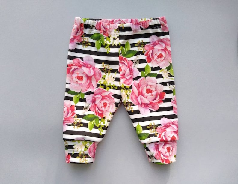 Summer Pants for baby with a funny pattern Roses and leaves on a striped background Pants Baby ORGANIC Baby clothes newborn harem pants