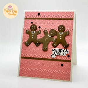 Embossed 3D Gingerbread Men Christmas Greeting Card: Merry & Bright Handmade Pink Festive Design