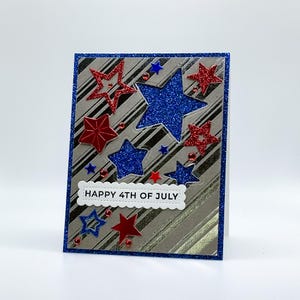 Handmade 4th of July Card – Glitter Stars and Foil Stripes – Patriotic Red White and Blue Greeting - Striped Silver, Red and Blue USA Card