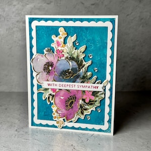 Elegant Foiled Floral Sympathy Card - Handcrafted Teal, Blue, Pink, and Gold Condolence Greeting