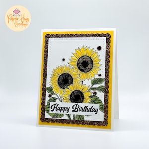 Cheerful Sunflower Birthday Card: Handmade Glitter Frame with Yellow Blooms - Floral Greeting Gift