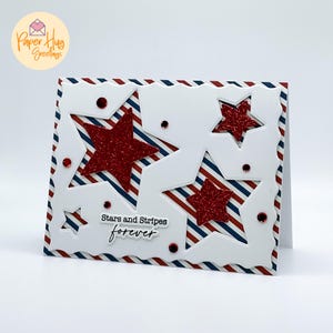 Handmade Patriotic Card – Stars and Stripes Forever – Red Glitter Stars and Striped Background - Red White and Blue Stars Card 4th of July