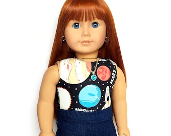 Tank Top, Galaxy, Universe, Outer Space, Planets, Black, White, 18 inch Doll Clothes, Fits dolls such as American Girl, GOTY