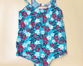 Vintage Stella del Mare Tropical Hibiscus One Piece Swimsuit Blue Floral Medium