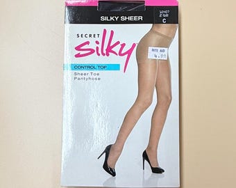 Medias Secret Silky Silky Sheer Control Top Negro Azabache Talla C 10407 Punta Transparente