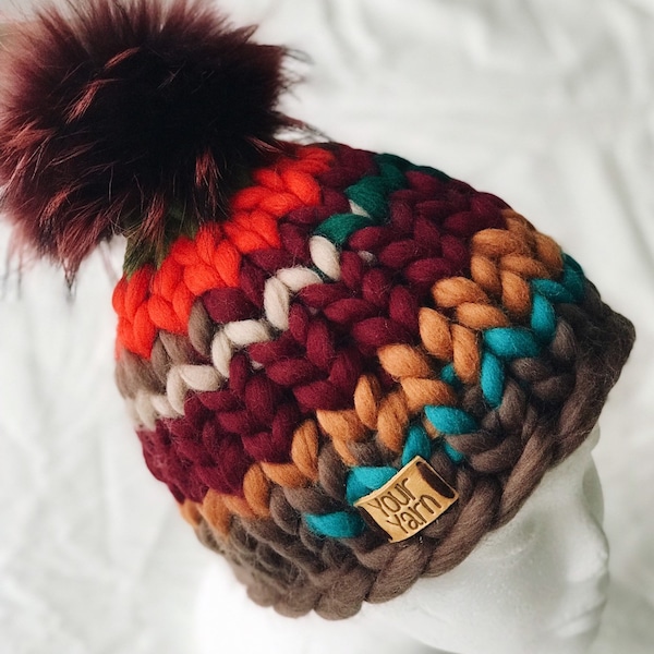 Chunky Knit Hat Pom Pom, Womens Multi Color Hat, Fair Isle Knit Hat